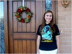 Renise Rodriguez wears the 'Pray to End Abortion' shirt that her supervisor at her jobs with the Girl Scouts found objectionable.
