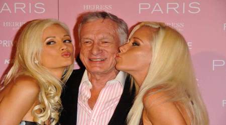 Holly Madison, left, with Hugh Hefner and Kendra Wilkinson.