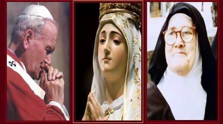 Pope John Paul II, statue of Our Lady of Fatima, and Sr. Lucia, one of the three children to whom Mary appeared