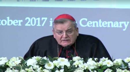 Cardinal Raymond Burke addressing a Fatima conference in England coinciding with the 100th anniversary of the final apparition