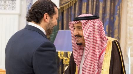 Former Lebanese prime minister Saad Hariri with Saudi King Salman in Riyadh