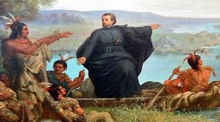 Painting of Father Jacques Marquette preaching to Native Americans