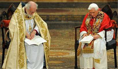Archbishop of Canterbury and Pope Benedict XVI pray together at Westminster Abbey.