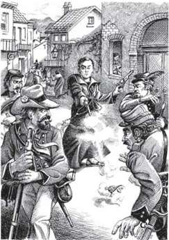 St. Gabriel Possenti defends the city of  Isola del Gran Sasso, Italy in 1860 from a gang of marauders.