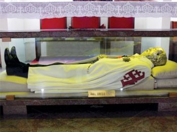 The tomb of Blessed Bartolo Longo in the Basilica of Our Lady of the Most Holy Rosary in Pompeii. About three million pilgrims visit the basilica each year.