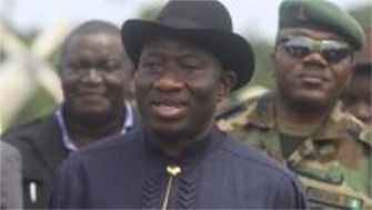 Nigerian President Goodluck Jonathan visits a village in his native Bayelsa state on Feb. 27, 2012.