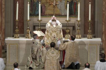 Bishop Edward J. Slattery of Tulsa, Okla. celebrates a solemn high Mass in the extraordinary form at the Basilica of the National Shrine of the Immaculate Conception in Washington in April 2010.