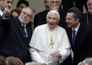 Pope Benedict and, left, Andrea Riccardi, an Italian government minister, pictured during the visit