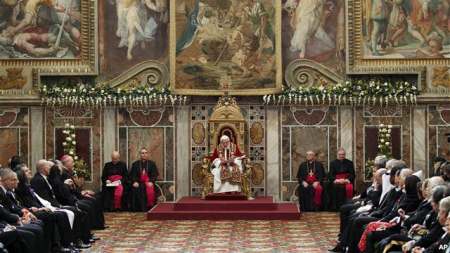 Pope Benedict XVI delivers his speech during an audience with foreign ambassadors to the Holy See, at the Vatican, January 7, 2013.
