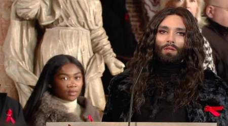 Thomas Neuwirth, known as drag queen 'Conchita Wurst,' speaks in Vienna's Cathedral during the Dec. 1, 2017 gay prayer service.