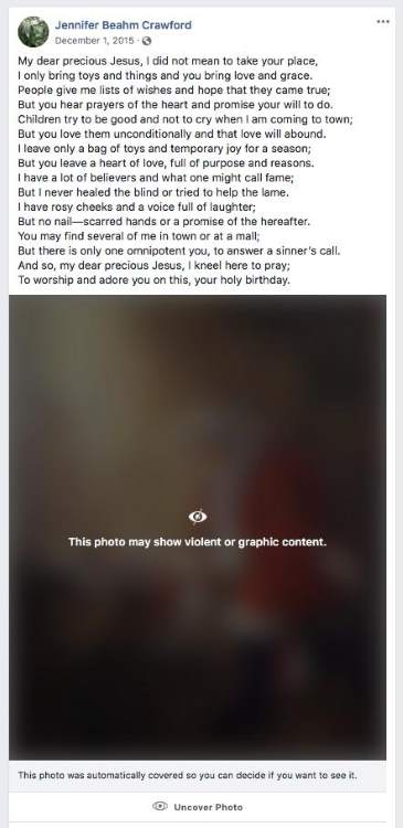 Screen grab of Facebook censoring image of Santa and baby Jesus.