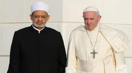 Dr. Ahmad el-Tayeb, Grand Imam of Al Azhar Al Sharif and Pope Francis visit Sheikh Zayed Mosque on February 4, 2019 in Abu Dhabi, United Arab Emirates.