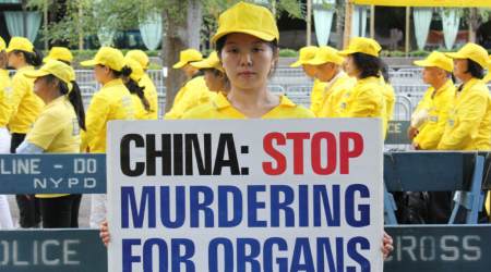 Han Yu at a Falun Gong rally at the United Nations Plaza on Sept. 24.