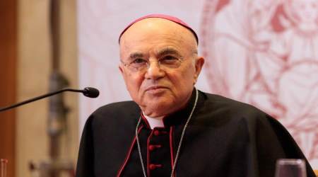 Archbishop Carlo Maria Viganò speaks at the Rome Life Forum in May 2018.