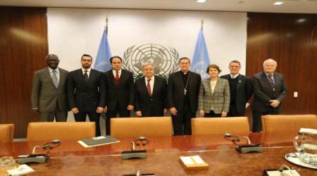 Higher Committee on Human Fraternity members meet UN Secretary General Antonio Guterres in New York, Dec.4, 2019.