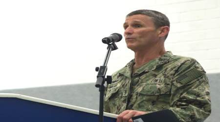 US Navy Vice Admiral Andrew "Woody" Lewis, head of 2nd Fleet, speaks at a conference during Exercise Baltic Operations 19 (BALTOPS 19).