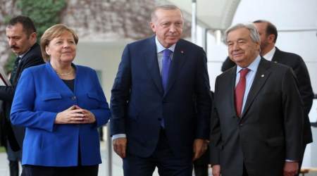 Left to right: German chancellor Angela Merkel, Turkish president Recep Tayyip Erdoğan, E.U. secretary general António Guterres.