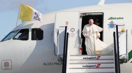 Pope Francis disembarks from the aircraft as he arrives at Dublin Airport on August 25, 2018 in Dublin, Ireland.