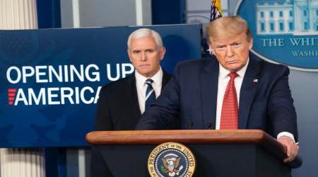 President Donald Trump, joined by Vice President Mike Pence at a coronavirus update briefing Thursday, April 16, 2020, in the James S. Brady White House Press Briefing Room.