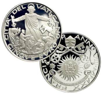 Five-euro coin of St. Peter welcoming migrants