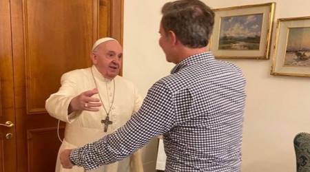 Francis greets Juan Carlos Cruz, an openly homosexual man whom he appointed to the Pontifical Commission for the Protection of Minors