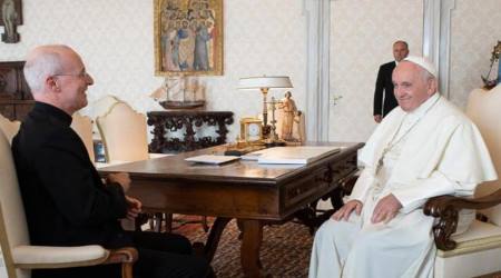 Francis meets with LGBT-activist Fr. James Martin in Rome, Sept. 30, 2019.