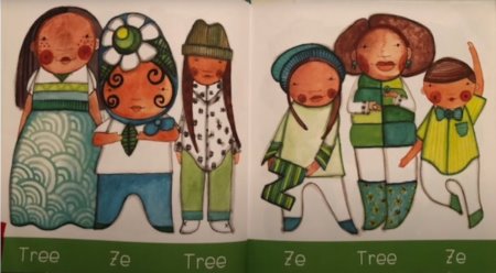 The students are taught that they can make up personal pronouns for themselves, like “Ze” and “Tree.” (Video screenshot)