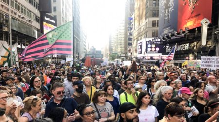 A crowd gathers at the Broadway Rally For Freedom in Manhattan, New York, on Oct. 16, 2021.