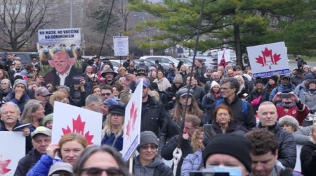 Anti-lockdown protestors gather in Queens Park, Ontario