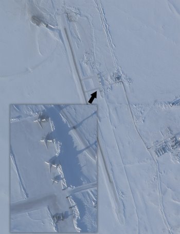 March 27th image showing the deployment of aircraft and what appear to be missiles to the existing apron area on the airstrip. It is very challenging to obtain optical satellite imagery of the base as it is almost always covered over solid by clouds.