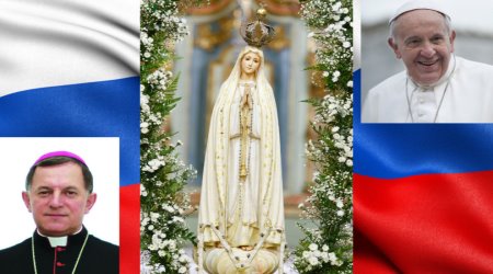 Archbishop Mokrzycki from Ukraine. Our Lady of Fatima statue and Pope Francis with Russian flag.
