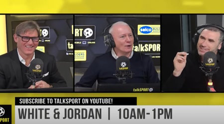 Soccer pundit Martin Keown presenting Miraculous Medals blessed by priest to TalkSPORT show hosts