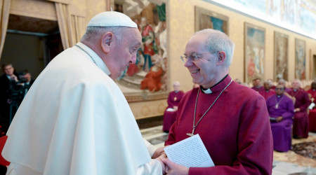 Francis greets Canterbury's Justin Welby, May 2, 2024.