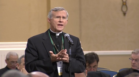 Bishop Joseph Strickland of Texas speaks at the U.S. Conference of Catholic Bishops meeting in Baltimore.