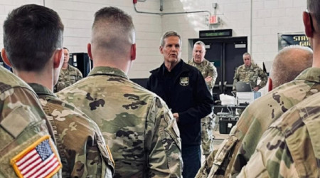 Tennessee Gov. Bill Lee addresses members of the state’s National Guard on Saturday at the Millington Tennessee Army National Guard Armory outside Memphis.