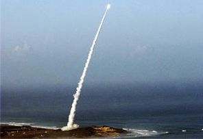 A medium-range separating target missile is seen seconds after lift-off from the North Korea Pacific Missile Range Facility. 